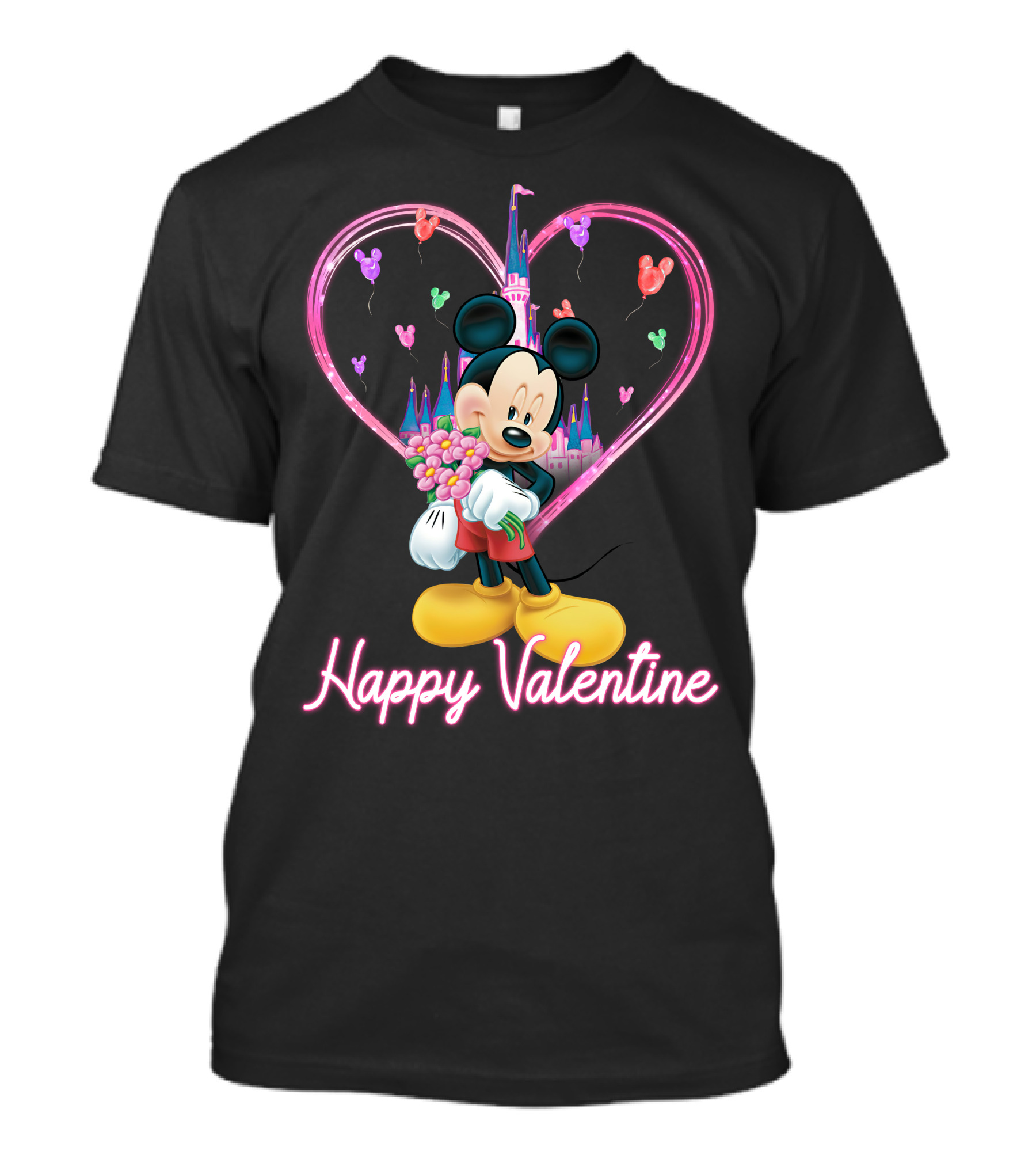 Happy Valentine Mickey Mouse Bouquet And Castle Balloons T-Shirt