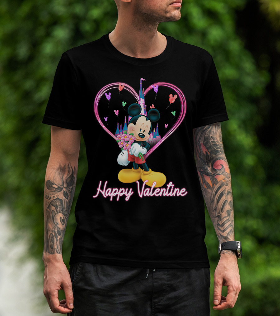 Happy Valentine Mickey Mouse Bouquet And Castle Balloons T-Shirt