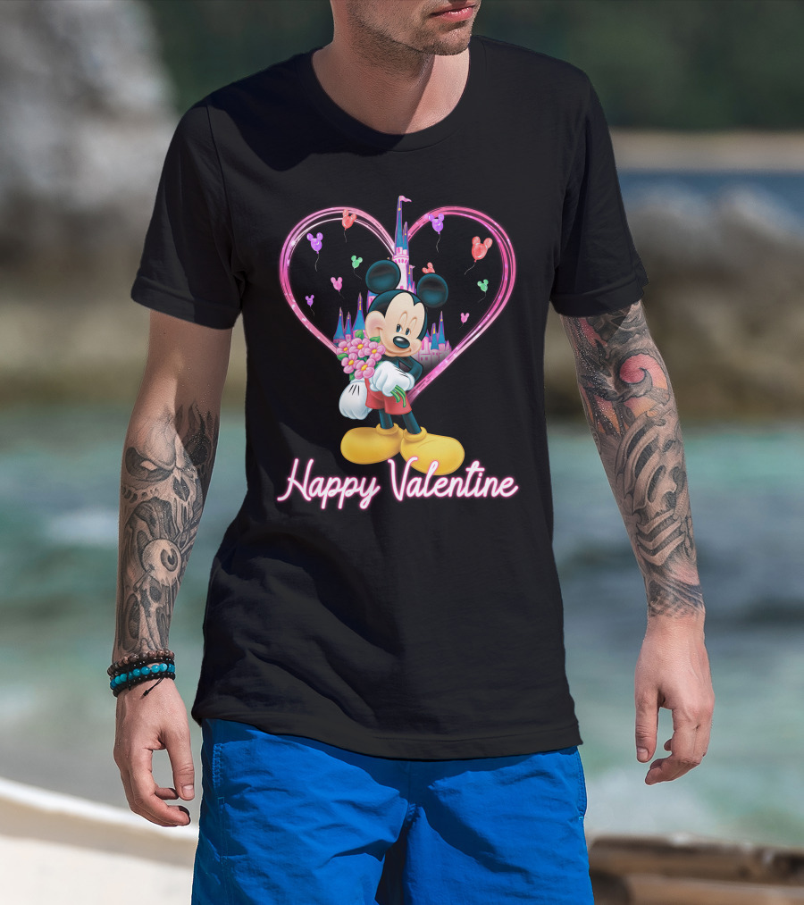 Happy Valentine Mickey Mouse Bouquet And Castle Balloons T-Shirt