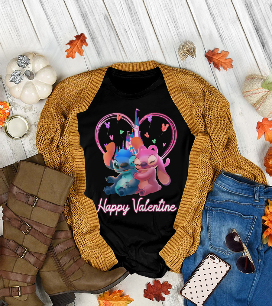 Happy Valentine Stitch Angel Castle Heart Balloons T-Shirt