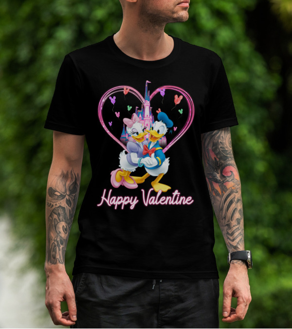 Happy Valentine Donald And Daisy In Front Of Heart Castle T-Shirt