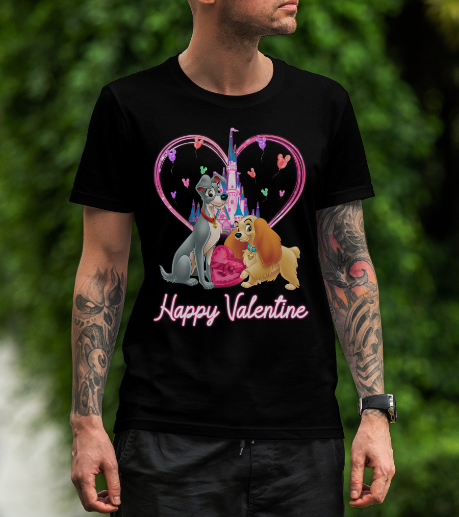 Happy Valentine Lady & The Tramp Heart Castle Balloons T-Shirt