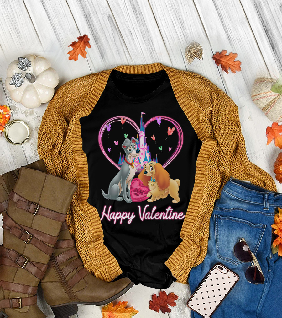 Happy Valentine Lady & The Tramp Heart Castle Balloons T-Shirt