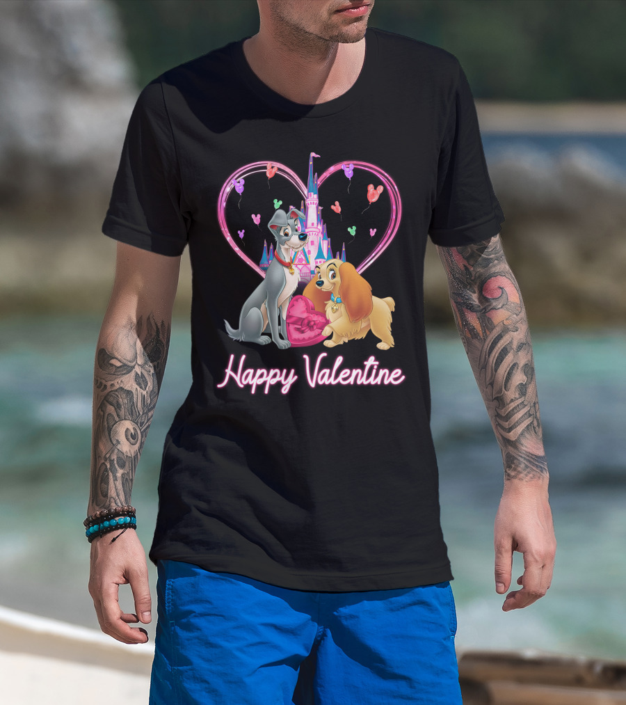 Happy Valentine Lady & The Tramp Heart Castle Balloons T-Shirt