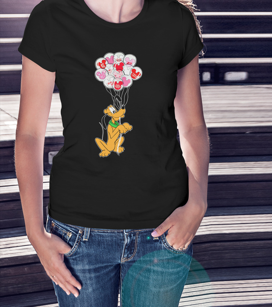 Pluto Holding Mickey And Minnie Balloons With Hearts And Xo Patterns T-Shirt