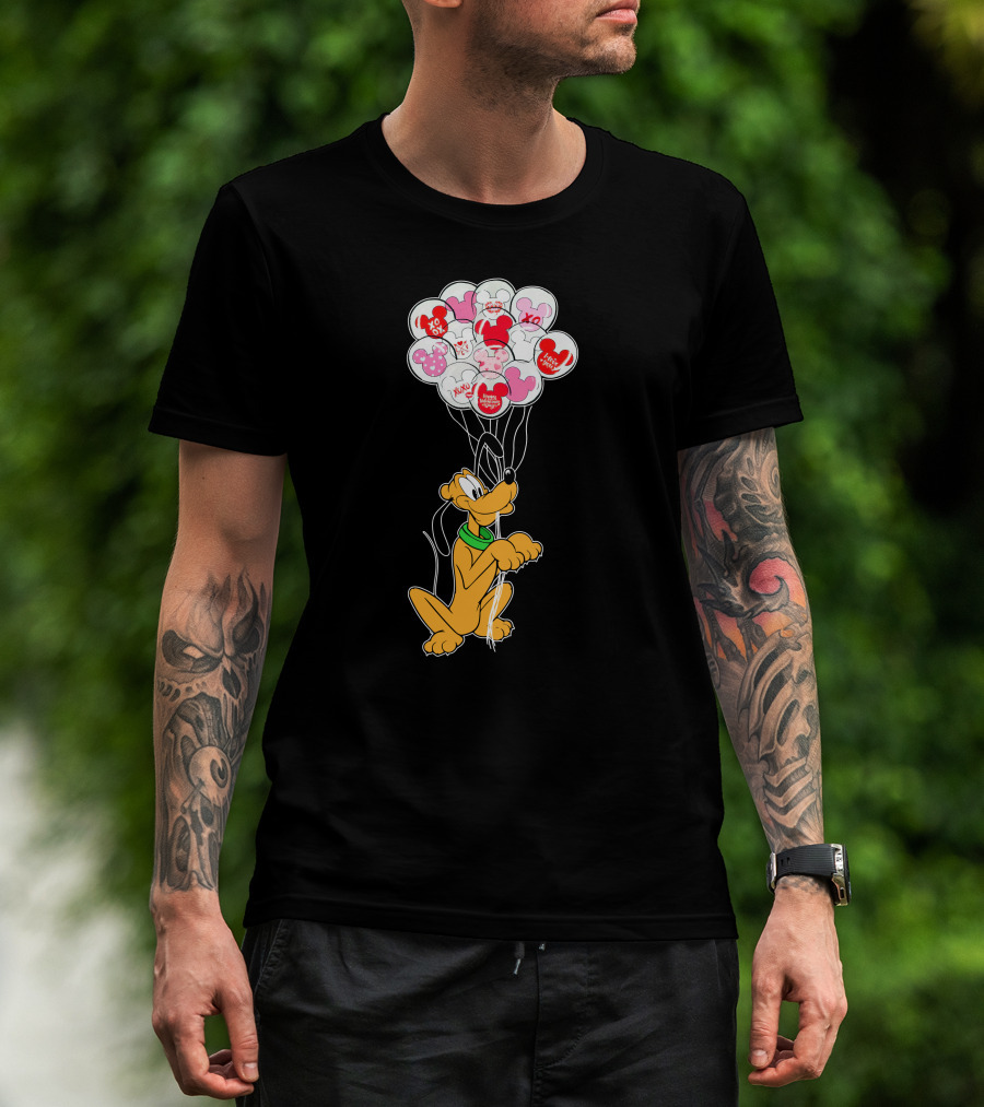 Pluto Holding Mickey And Minnie Balloons With Hearts And Xo Patterns T-Shirt