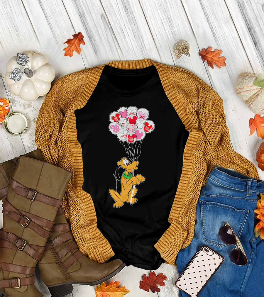 Pluto Holding Mickey And Minnie Balloons With Hearts And Xo Patterns T-Shirt