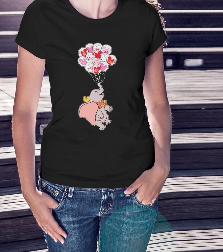 Dumbo Flying With Heart Balloons Featuring Valentine Xo And Mickey T-Shirt