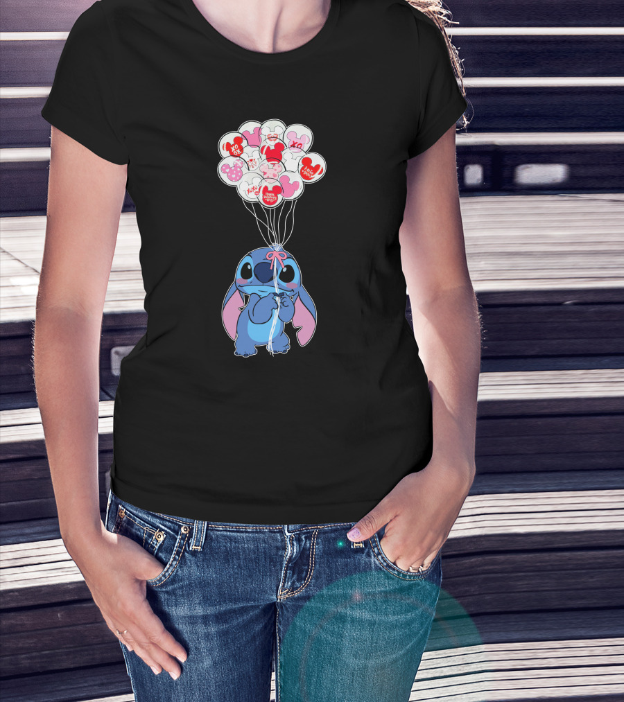 Stitch And Mickey Balloons Valentine's Xo Love T-Shirt
