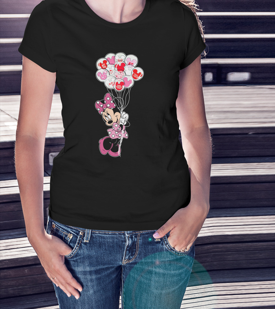 Minnie Mouse Holding Heart Balloons With Xoxo And Hugs Kisses Patterns T-Shirt