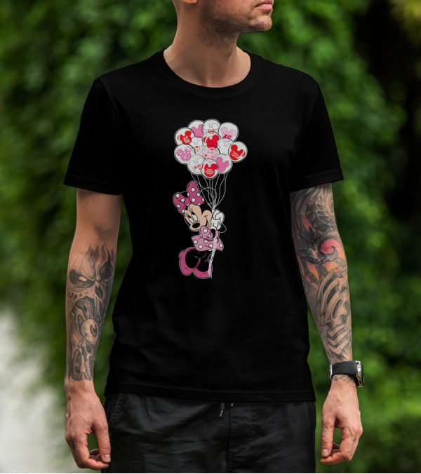 Minnie Mouse Holding Heart Balloons With Xoxo And Hugs Kisses Patterns T-Shirt
