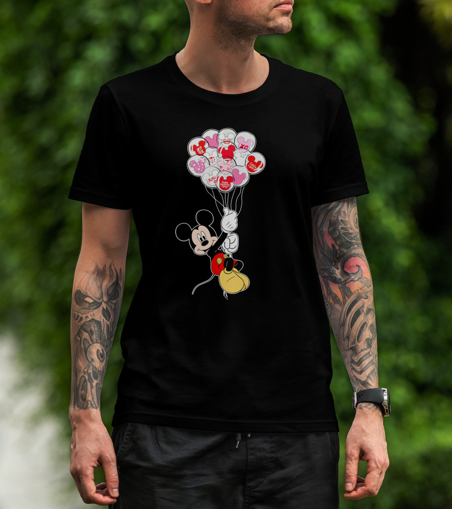 Mickey Mouse Holding Heart Balloons With Xo Love Messages T-Shirt