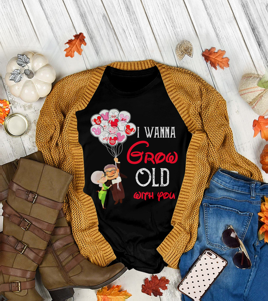 I Wanna Grow Old With You Carl And Ellie Balloons Hearts T-Shirt