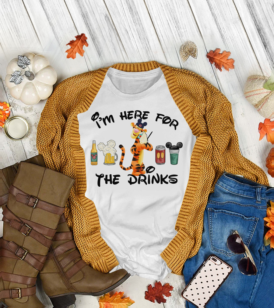 I'm Here For The Drinks Tigger Mickey Ears Beer Can Bottle T-Shirt