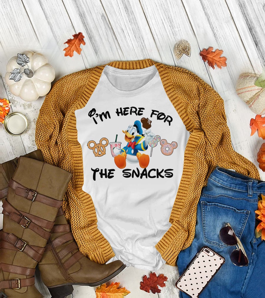 I'm Here For The Snacks Donald Duck Mickey Mouse Pretzel Lollipop Ice Cream Drink T-Shirt