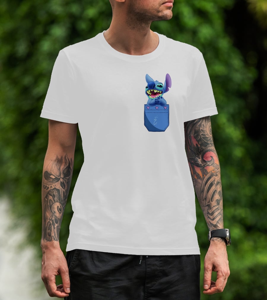 Stitch Pocket Smiling Face With Purple Ears T-Shirt