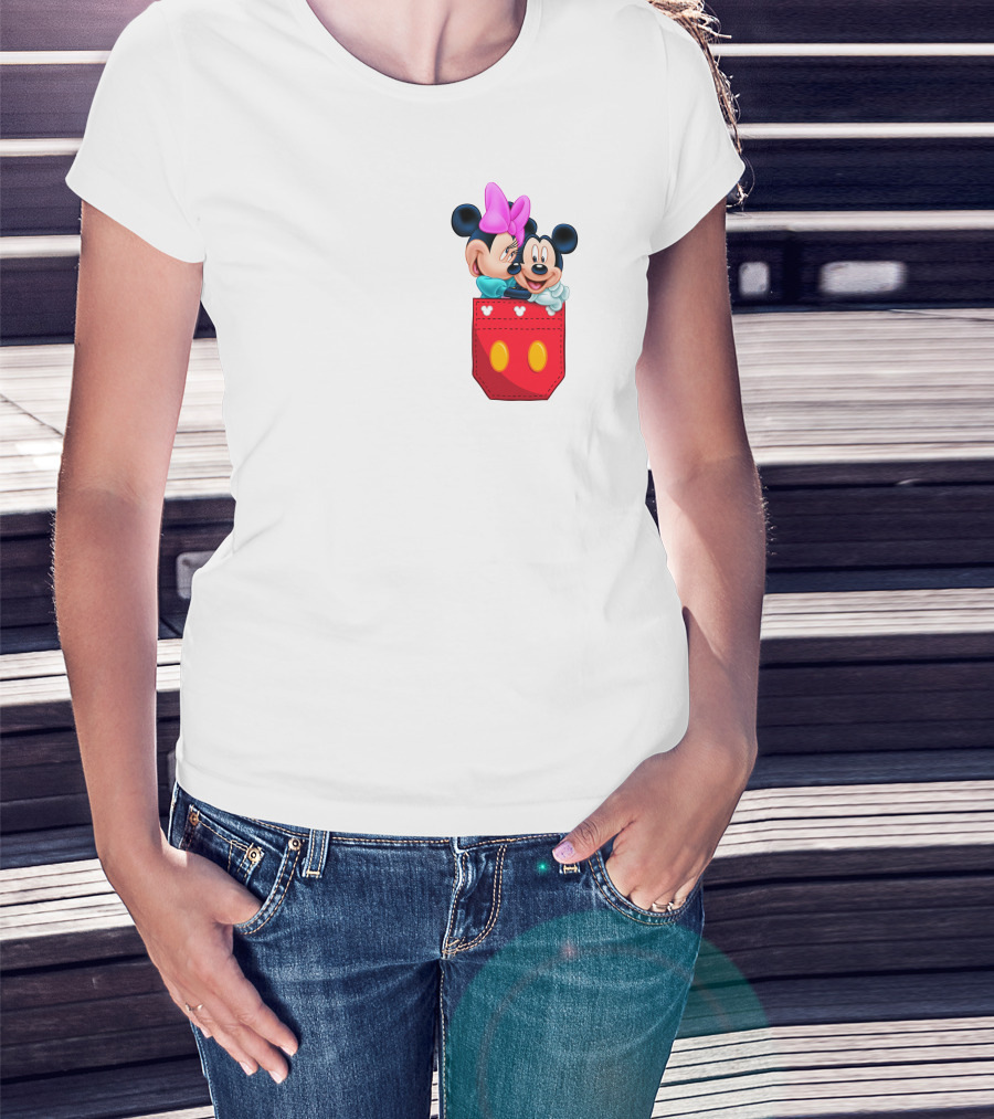 Mickey Mouse And Minnie Mouse In Red Pocket With Hearts And Bow T-Shirt
