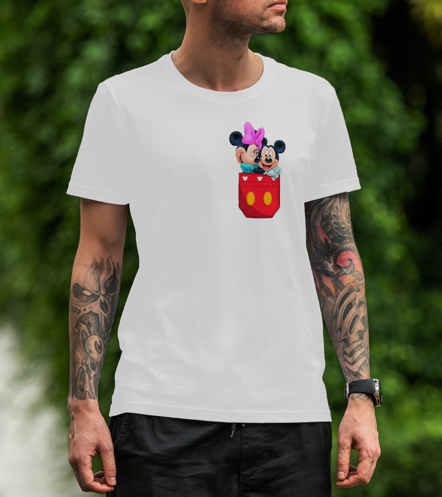 Mickey Mouse And Minnie Mouse In Red Pocket With Hearts And Bow T-Shirt