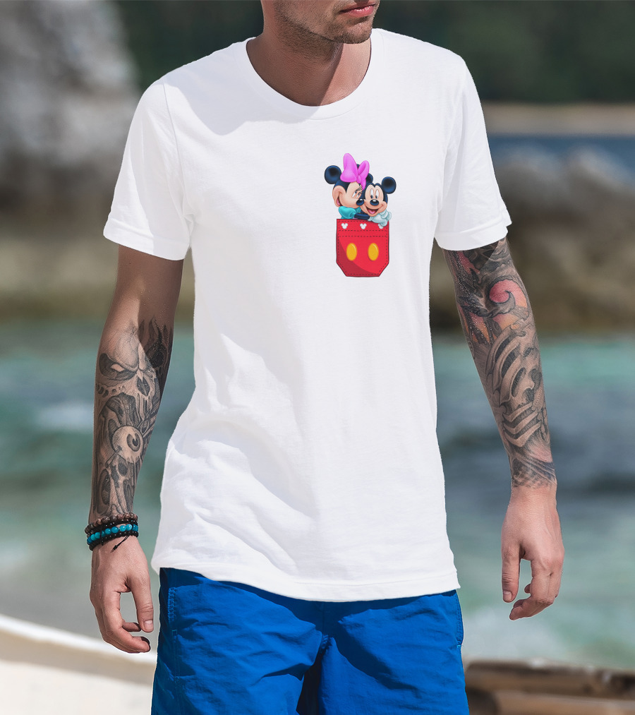 Mickey Mouse And Minnie Mouse In Red Pocket With Hearts And Bow T-Shirt