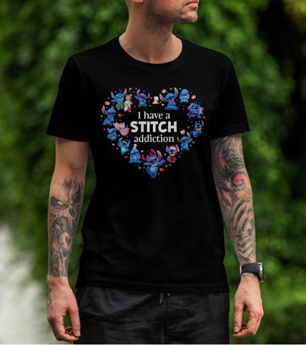 I Have A Stitch Addiction Heart Pattern With Characters T-Shirt
