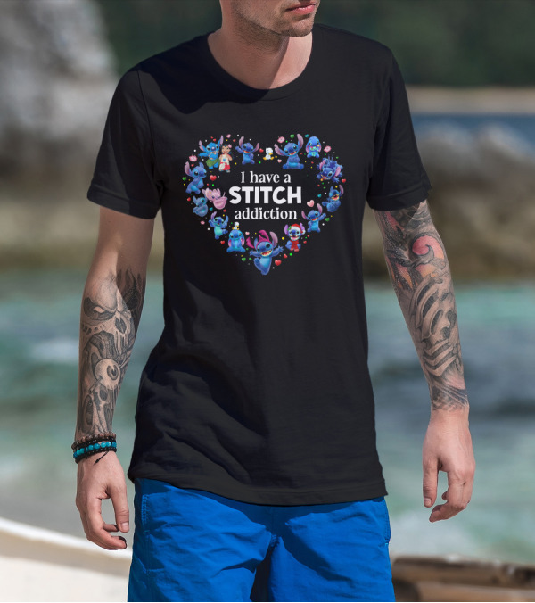 I Have A Stitch Addiction Heart Pattern With Characters T-Shirt
