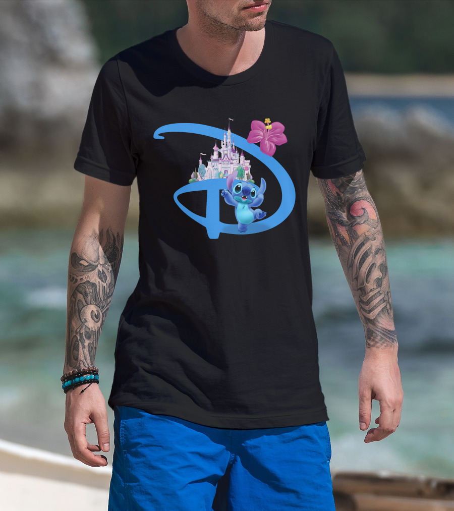 Stitch Disney Castle Hibiscus Flower T-Shirt