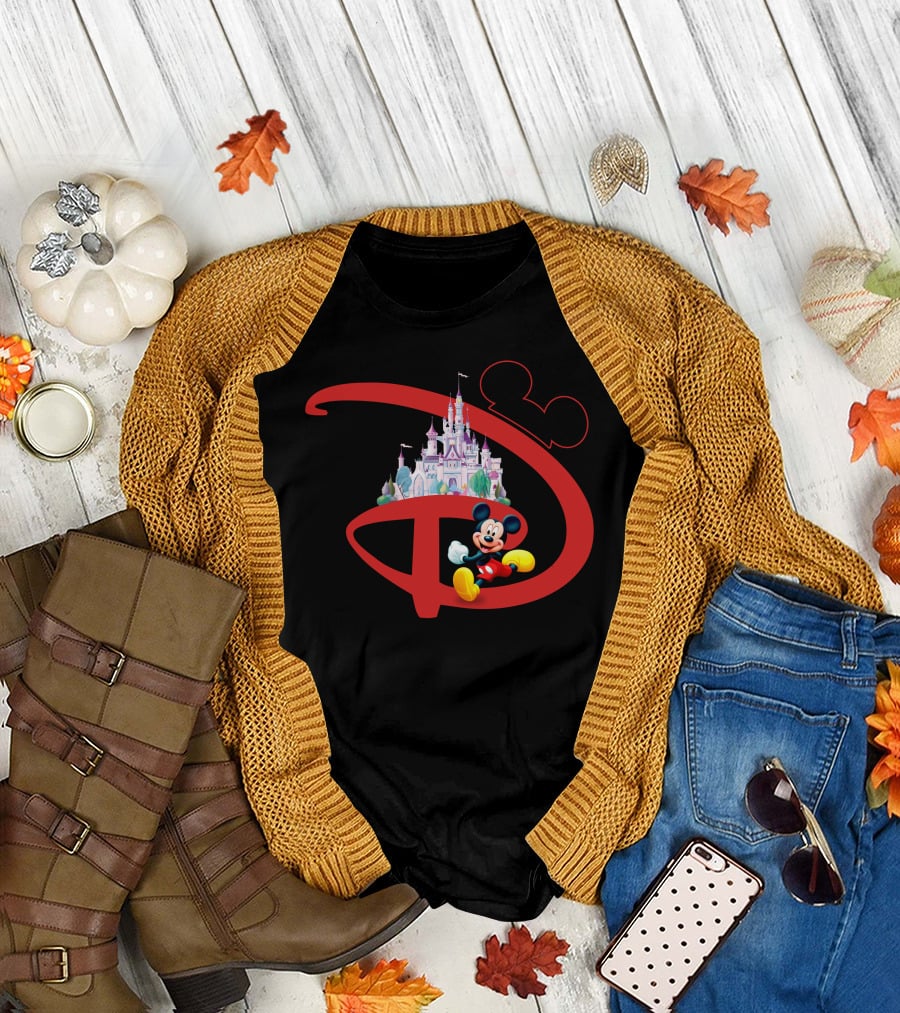 Mickey Mouse Disney Castle Icon With Red Disney Initials T-Shirt