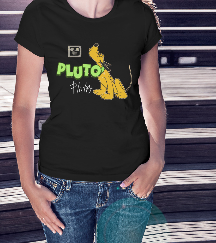 Disney Pluto Green Text Iconic Cartoon Dog T-Shirt
