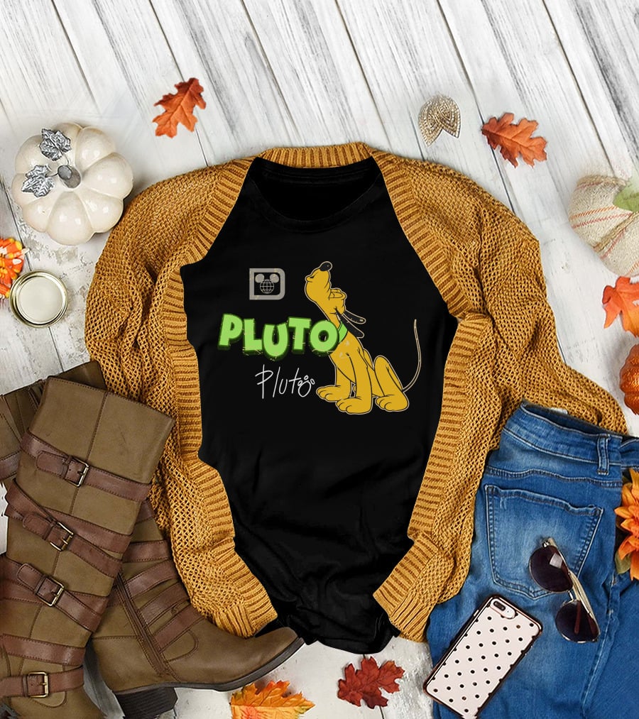 Disney Pluto Green Text Iconic Cartoon Dog T-Shirt