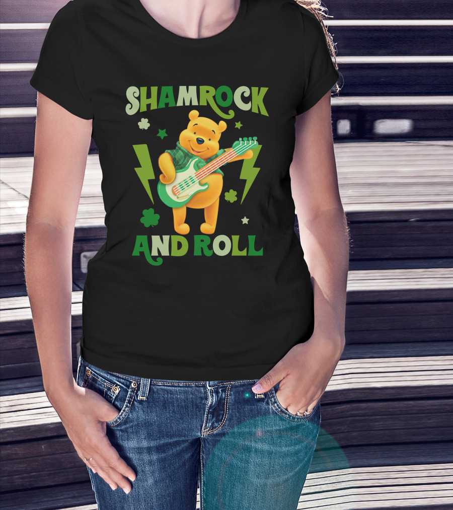 Shamrock And Roll Pooh Bear With Guitar And Green Lightning Bolts T-Shirt
