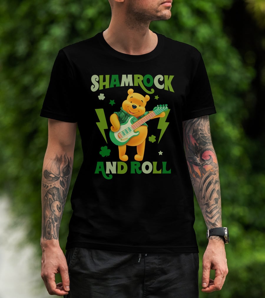Shamrock And Roll Pooh Bear With Guitar And Green Lightning Bolts T-Shirt