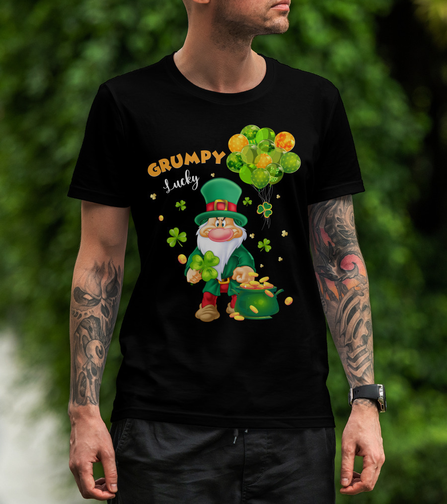 Grumpy Lucky Leprechaun With Shamrocks And Gold Coins T-Shirt