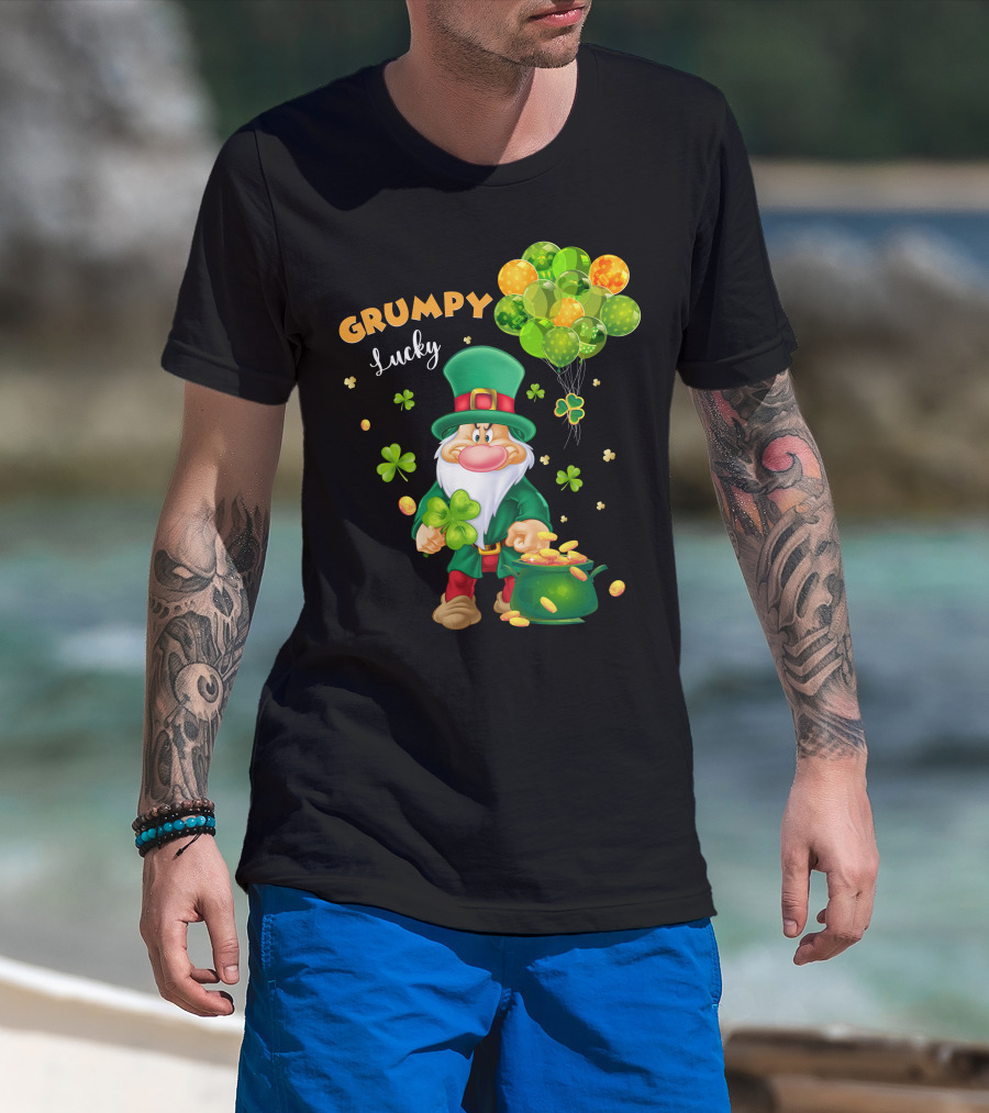 Grumpy Lucky Leprechaun With Shamrocks And Gold Coins T-Shirt