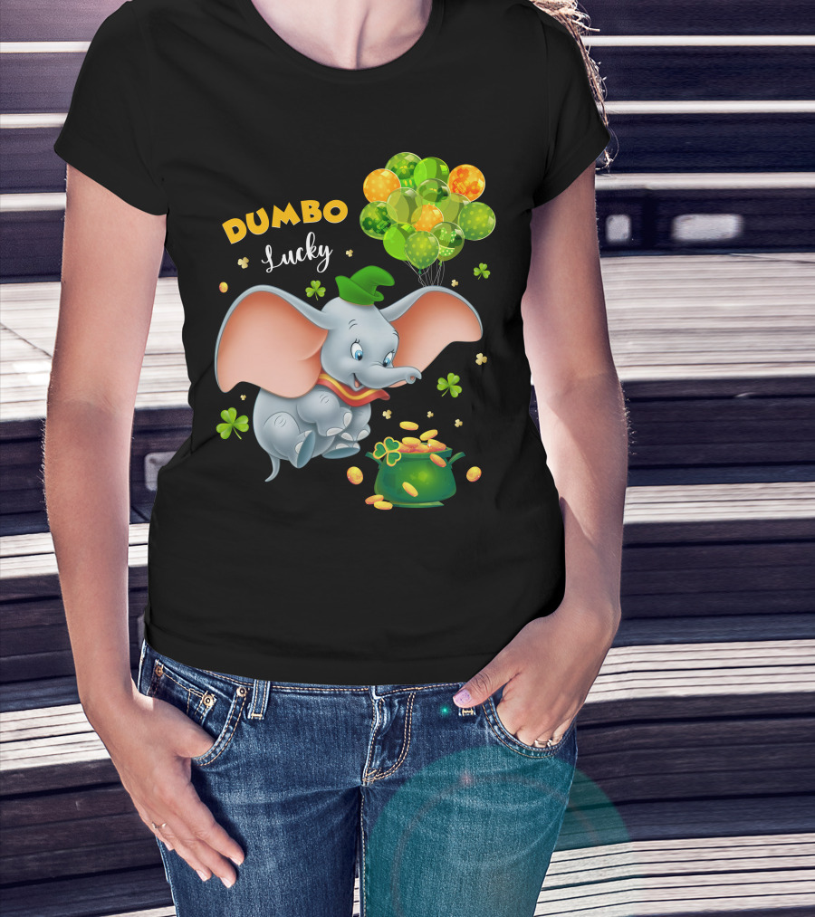 Dumbo Lucky Elephant With Green Hat And Balloons With Pot Of Gold T-Shirt
