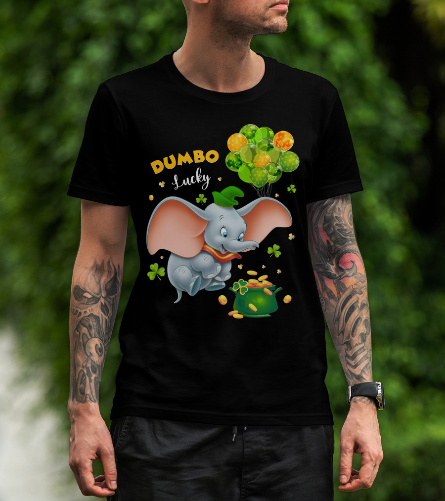 Dumbo Lucky Elephant With Green Hat And Balloons With Pot Of Gold T-Shirt