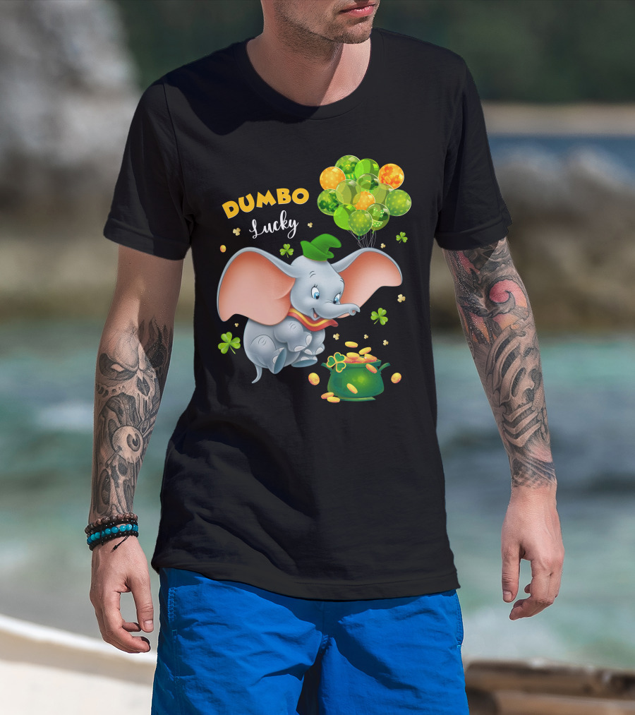 Dumbo Lucky Elephant With Green Hat And Balloons With Pot Of Gold T-Shirt