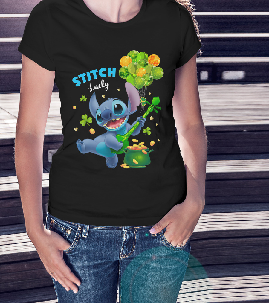 Stitch Lucky Balloons And Shamrock Celebration T-Shirt