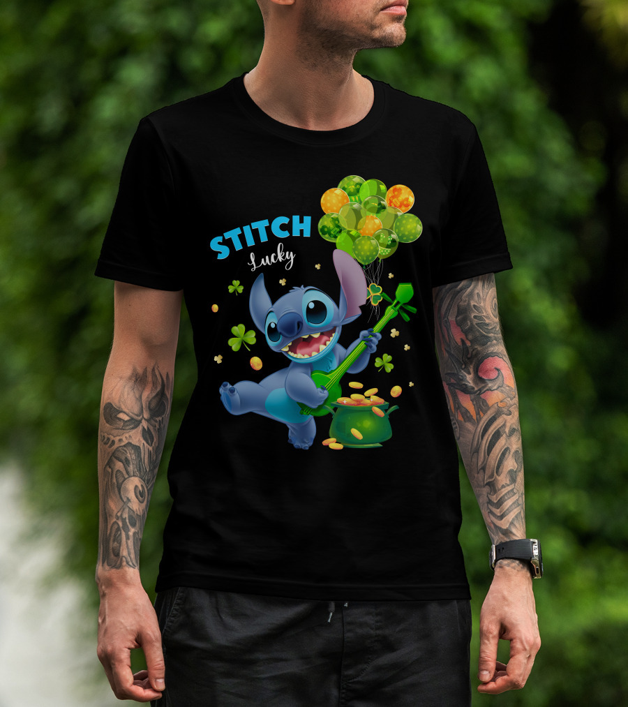 Stitch Lucky Balloons And Shamrock Celebration T-Shirt