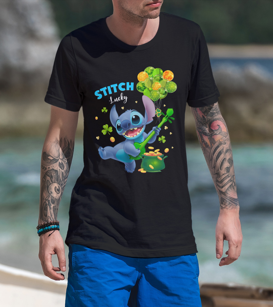 Stitch Lucky Balloons And Shamrock Celebration T-Shirt