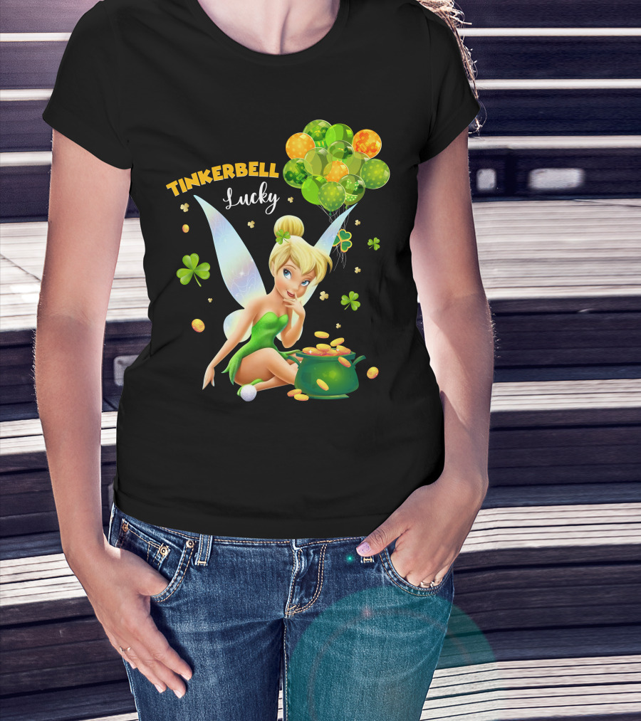 Tinkerbell Lucky Balloons And Clover With Pot Of Gold T-Shirt