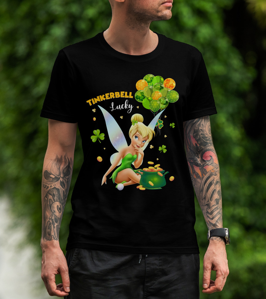 Tinkerbell Lucky Balloons And Clover With Pot Of Gold T-Shirt