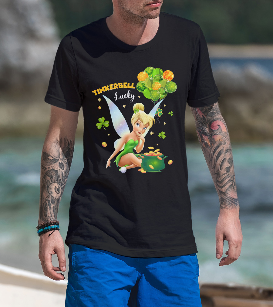 Tinkerbell Lucky Balloons And Clover With Pot Of Gold T-Shirt