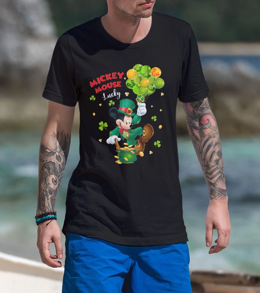 Mickey Mouse Lucky Shamrock Balloons Leprechaun Coins T-Shirt