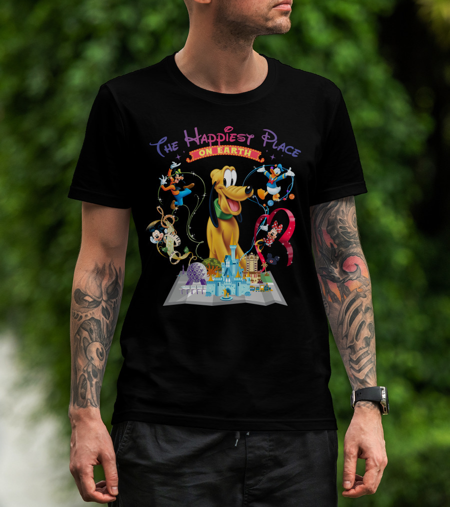 The Happiest Place On Earth Pluto Mickey Mouse Donald Duck Goofy Minnie Mouse Disney World Map T-Shirt