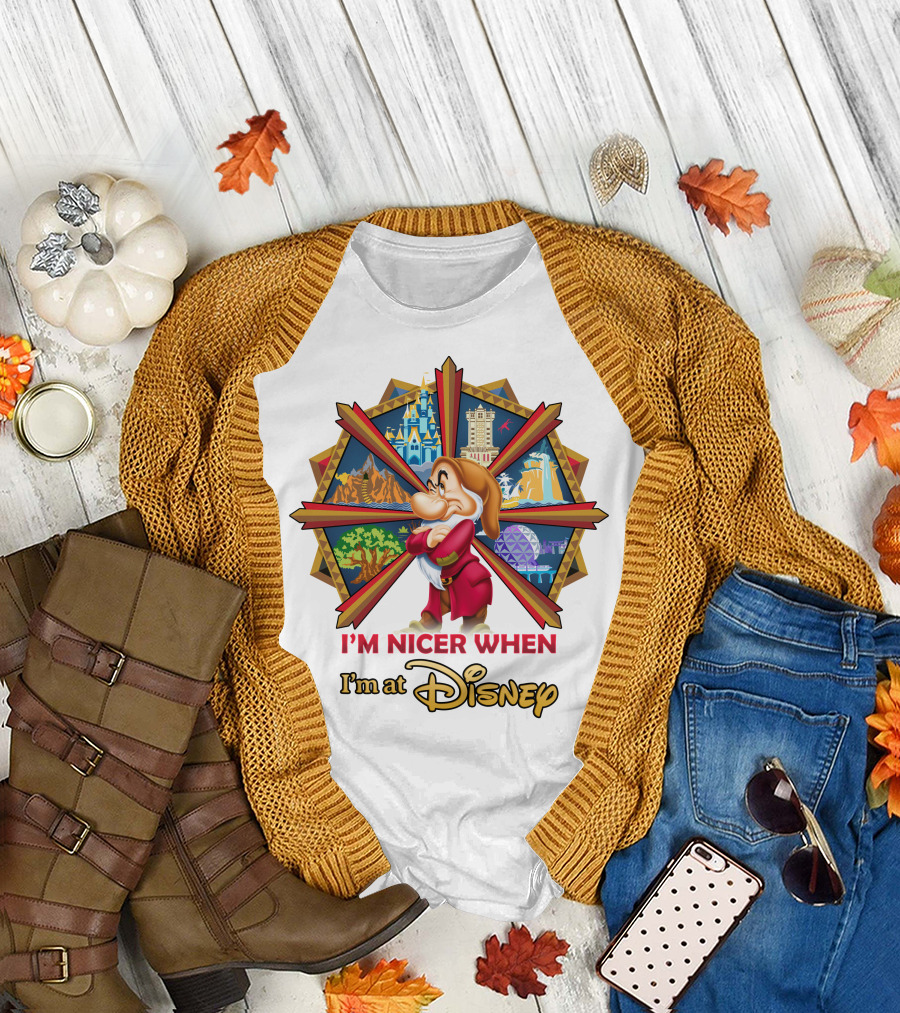 I'm Nicer When I'm At Disney Grumpy Character With Disney Parks Icons T-Shirt