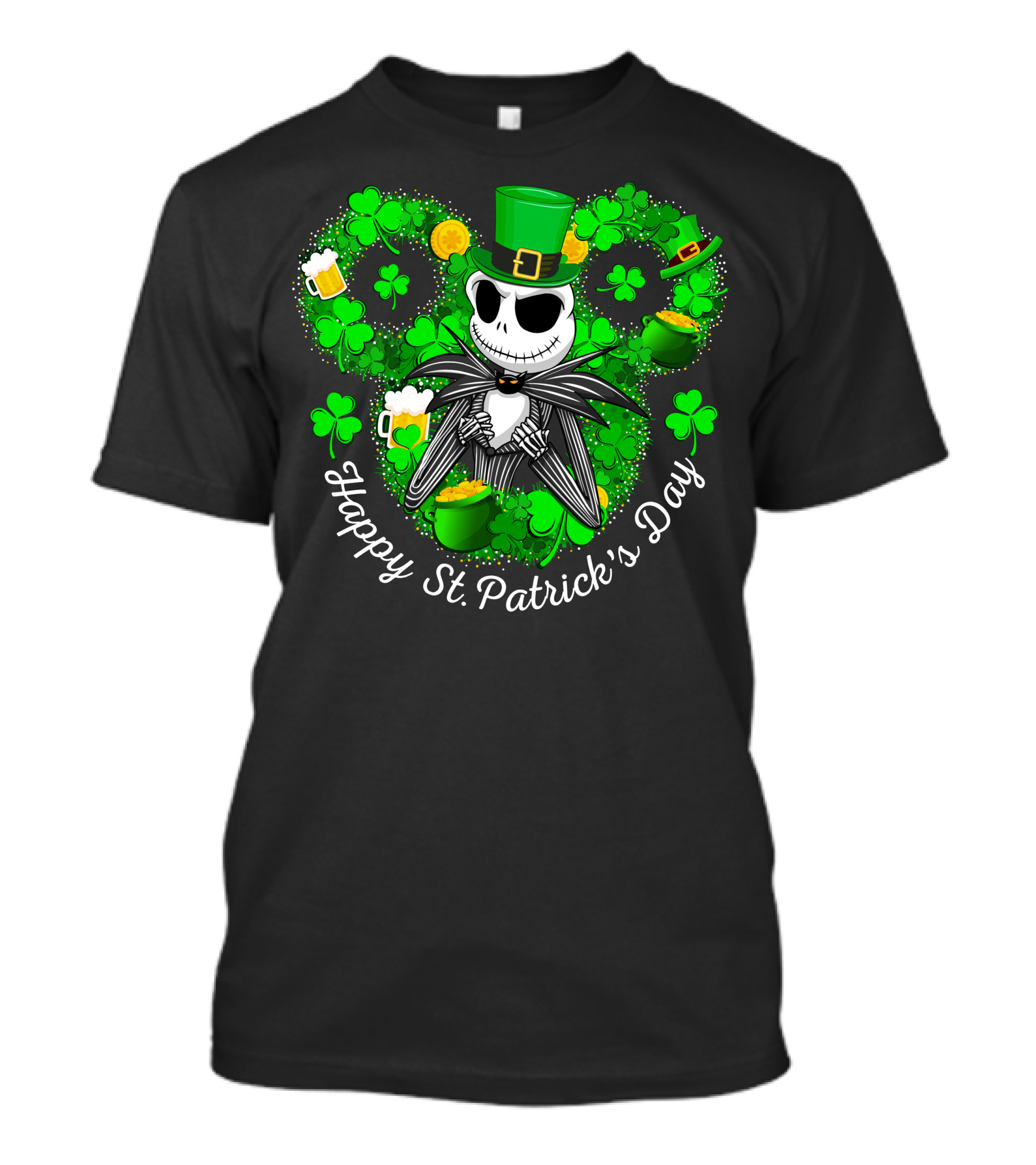 Jack Skellington Happy St. Patrick's Day Shamrocks And Leprechaun Hat T-Shirt