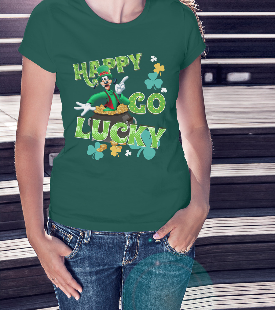 Happy Go Lucky Goofy Pot Of Gold Shamrocks T-Shirt