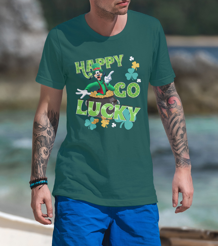 Happy Go Lucky Goofy Pot Of Gold Shamrocks T-Shirt