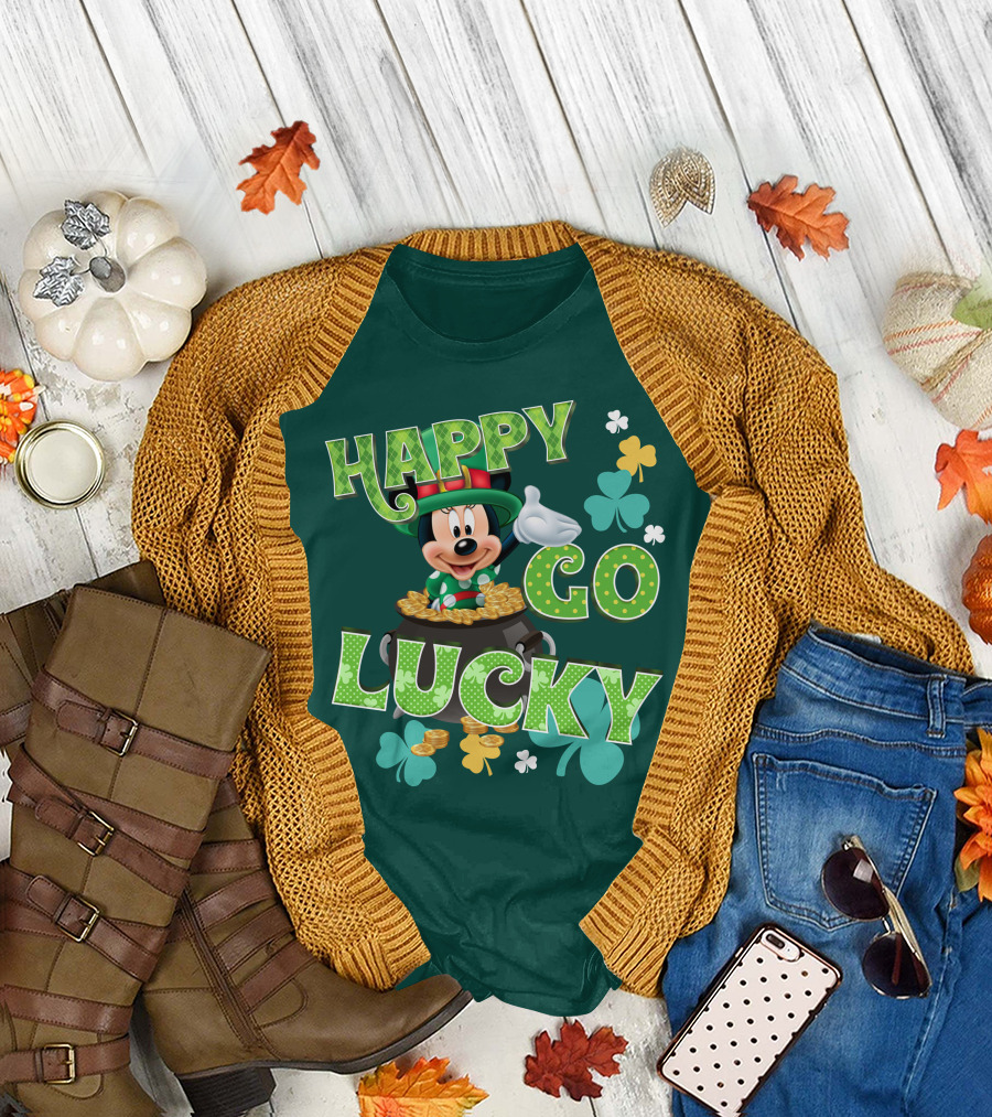 Happy Go Lucky Minnie Mouse Shamrock Pot Of Gold T-Shirt