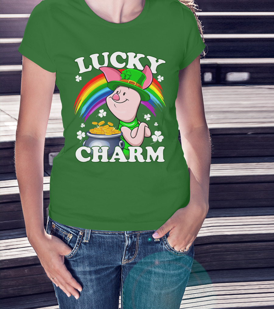 Lucky Charm With Piglet In Leprechaun Hat And Rainbow T-Shirt